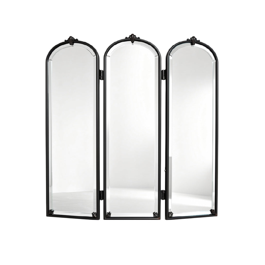 Tri-Fold Black Framed Mirror with Arched Tops