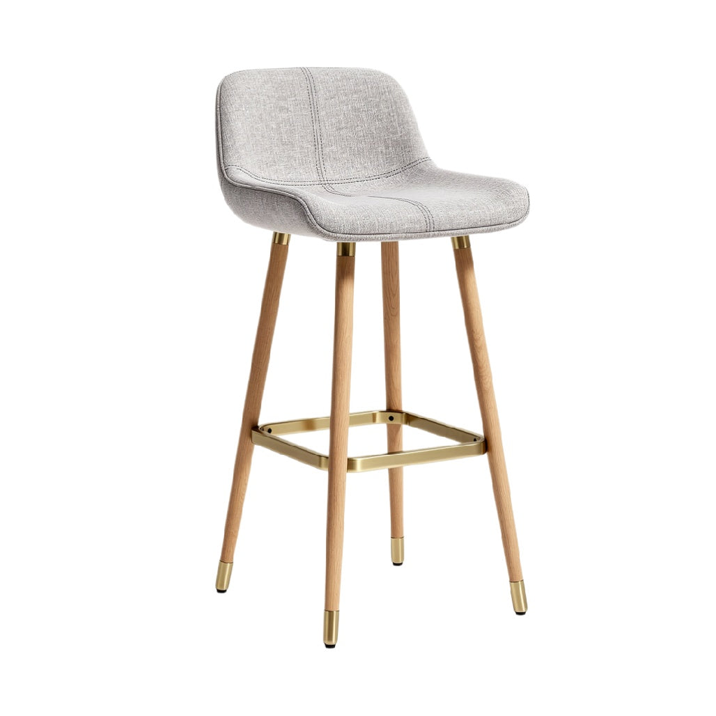 Modern Upholstered Bar Stool with Wooden Legs and Gold Accents
